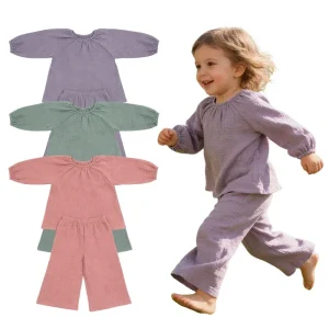 Cute Kids 2-Piece Pajama Set, Bubble Sleeve Top & Wide-Leg Pants, Soft Lounge Wear for Girls, Home Wear for Active Children