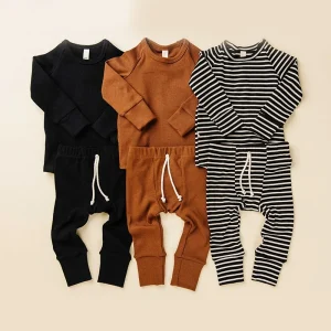Organic Cotton Rib Fabric O Neck Long Sleeve Baby Pajama Set Autumn Winter Pyjama Suit