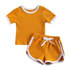 Whole Sale Unisex Baby Summer Clothes Ribbed Short Sleeve T-Shirts Tees Tops+Drawstring Shorts Pants Pajama Sets