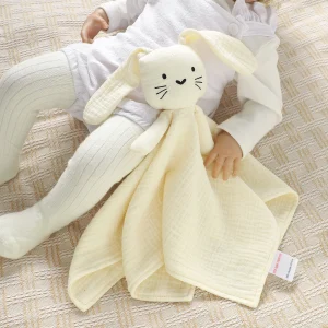 Lovey with Organic Cotton Crinkle Fabric Baby Rabbit Comforter Blanket Stereoscopic Comfort Embroidered