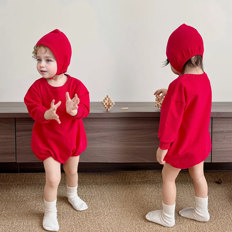 Wholesale New Style Unisex Baby Boy Girl Round Neck Romper Organic Cotton Solid Color Long Sleeve Baby Romper Clothing - Image 2