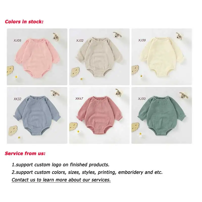 100% Organic Cotton Muslin Plain Baby Rompers Full Sleeve Gauze Unisex Boys and Girls Onesie Rompers - Image 2