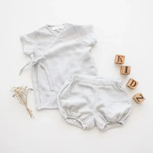 100% Organic Cotton Muslin Kimono Top and Short Pants Set, Summer Newborn Baby Clothes