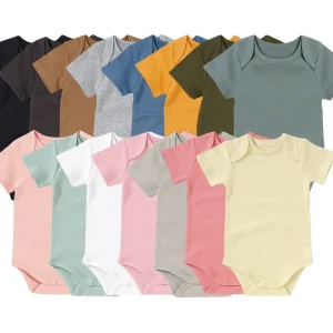 Hot Sale 100% Organic Cotton Short Sleeve Snap Crotch Solid Infant Baby Bodysuit Summer Short Romper
