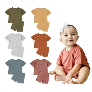 Customized logo From 20pcs Solid Summer Short Sleeve Soft Baby 2pcs Pajamas Set Bamboo Baby Clothes Set