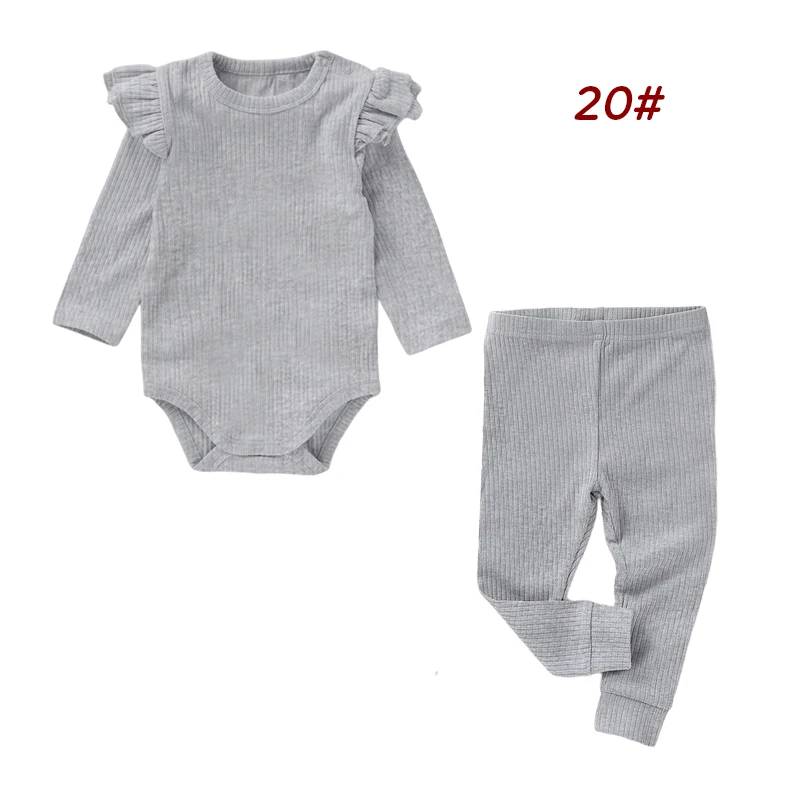 Newborn Baby Girls Solid Color Rib Knit Cotton Long Sleeve Jumpsuit Trousers Autumn Winter Baby Clothing Sets - Image 2