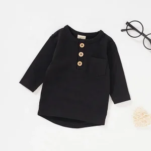 0-24M Long Sleeve Wood Button Plain Cotton Knitted Baby T Shirt