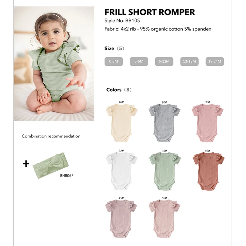 Low MOQ Baby Clothes Short Sleeve Shoulder Snaps Organic Cotton Ribbed Frill Baby Girl Romper - Image 2