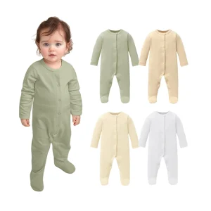 New Series Super Soft Peach Finish Fabric Snap Button Solid Baby Footie Rompers