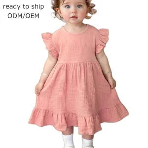 100% Organic Cotton Woven Cute Princess Dress for Baby Girls with Solid Pattern and Plain Dyed Technique Lovely Frill Hem
