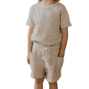 Soft 100% Organic Cotton Gauze Double Side Pocket Pants Baby Clothing Set Summer