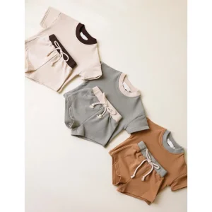 Cute French Terry Fabric Organic Cotton Baby Two Tone Shorts Set Child Short Sleeve T-shirt & Shorts