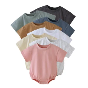 Wholesale Knitted Cotton Baby Girls Boys Drop Shoulder Short Sleeve Plain Snap Crotch Baby Bubble Rompers