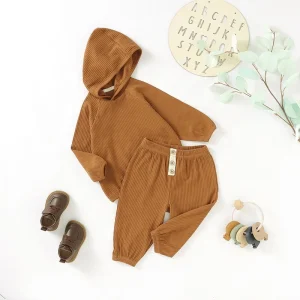 Organic Cotton Ribbed Knitted Baby Hoodie Set Baby Boys Lounger Wear 2pcs Set Clothing