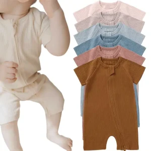 Fast Shipping Short Sleeve Zipper Bodysuit Unisex Organic Cotton Baby Onesie Rompers