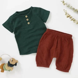 Baby Summer Sets Solid Muslin Short Sleeve T-shirt & Muslin Short Pants