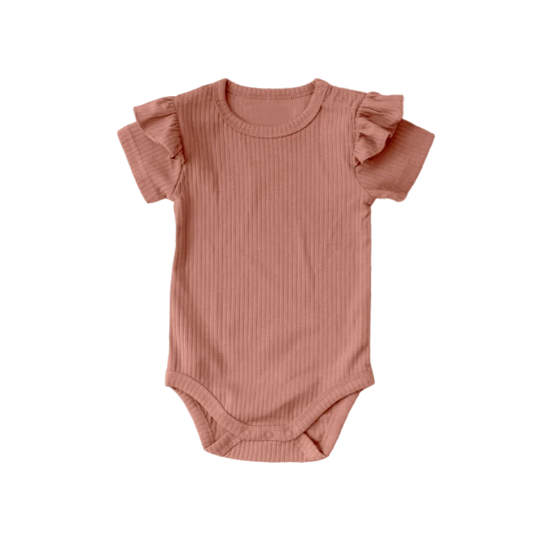 Low MOQ Baby Clothes Short Sleeve Shoulder Snaps Organic Cotton Ribbed Frill Baby Girl Romper - Image 6