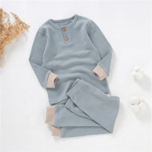 Soft Waffle Fabric Rib Cuff Home Wear for Babies Baby Pajamas Set Loose