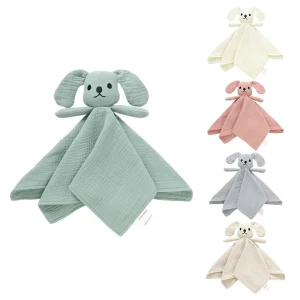 Cute Baby Dog  Comforter Blanket Toy 100% Organic Cotton Muslin Crinkle with Stereoscopic Embroidery Soft Baby Comfort Toy
