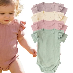 Low MOQ Baby Clothes Short Sleeve Shoulder Snaps Organic Cotton Ribbed Frill Baby Girl Romper