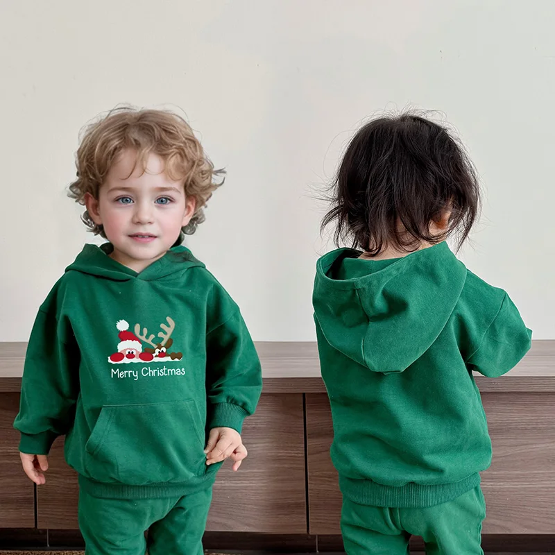 Organic Cotton Spandex Christmas Baby Hoodie Screen Printed Holiday Designs Unisex Long Sleeve Pullover Baby Cloths
