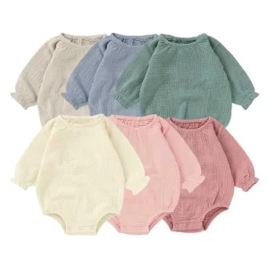100% Organic Cotton Muslin Plain Baby Rompers Full Sleeve Gauze Unisex Boys and Girls Onesie Rompers