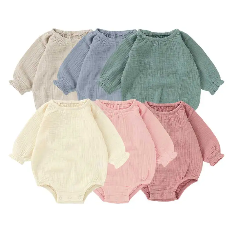 100% Organic Cotton Muslin Plain Baby Rompers Full Sleeve Gauze Unisex Boys and Girls Onesie Rompers