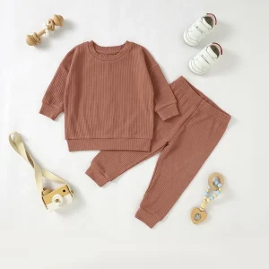 Ribbed Long Sleeve Drop Shoulder Baby Pajama Set, Pyjama Suit, LoungeWear Baby Two Pieces Set