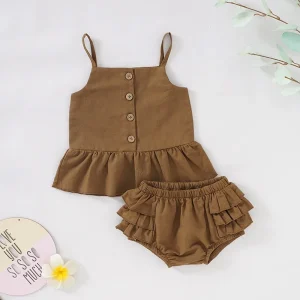 Linen Cotton Fashion Baby Girls Sleeveless Vest Tops and Shorts Set Toddler Summer Sets