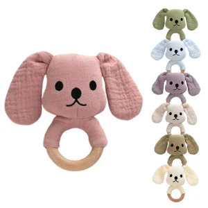 High Quality Baby Toddle Crochet Teether Cute Puppy Baby Rattle Teether with Beech Wood Ring