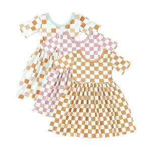 Wholesale Print Checkered Girls Dresses Summer Short Sleeve Baby Bamboo Dresses