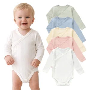 Premium Pointelle Rib Cotton Long Sleeve Kimono Baby Bodysuit Soft Newborn Wrap Infant Onesie for All Seasons