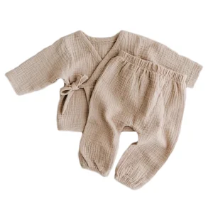 Newborn Coming Home Outfit Muslin Organic Cotton Kimono Shirt and Pants Gender Neutral Baby Clothes