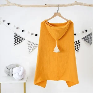 100% Organic Cotton Muslin Baby Bath Towel With Hood and Fringe