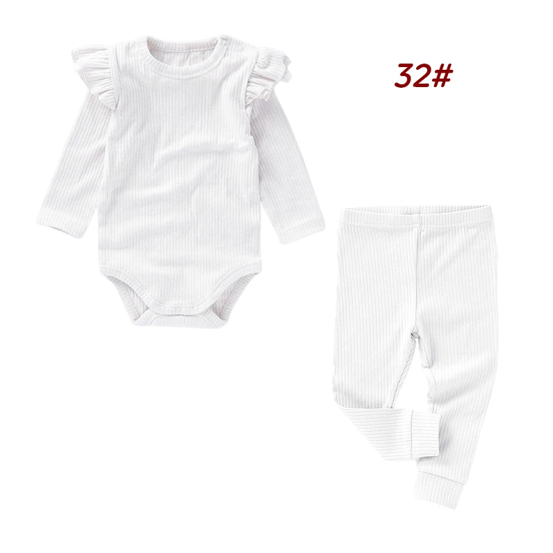 Newborn Baby Girls Solid Color Rib Knit Cotton Long Sleeve Jumpsuit Trousers Autumn Winter Baby Clothing Sets - Image 4