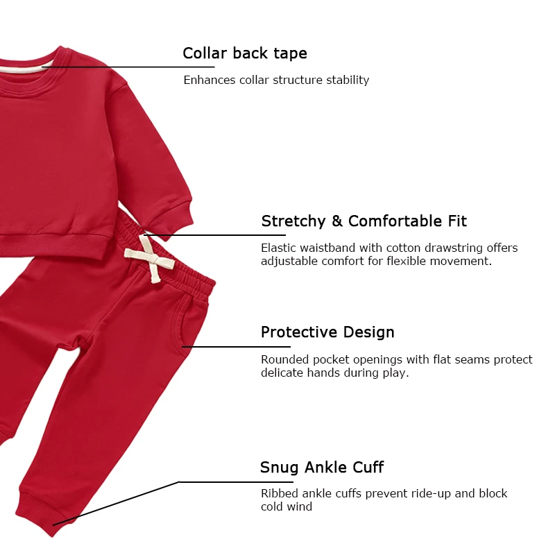 Factory Outlet Organic Cotton Baby Crew Neck Sweatshirt Solid Color Baby Clothes and Pants Christmas Clothes Set - Image 3