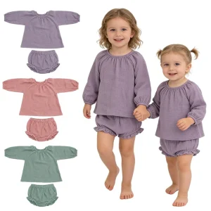 100% Organic Cotton Muslin Crepe Gauze Baby Clothes Oversize Long Sleeve Tee Shirt and Bloomer Shorts Set