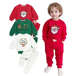 Christmas Baby Crewneck Sweatshirt & Pants Clothing Set Soft Organic Cotton Spandex Cute Embroidery Design Support Customization