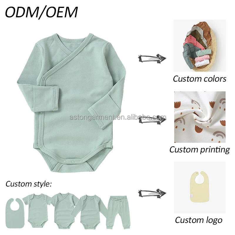 Organic Cotton Fold Over Cuff Long Sleeve Snap Crotch Kimono Baby Short Rompers - Image 6