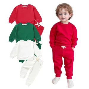 Factory Outlet Organic Cotton Baby Crew Neck Sweatshirt Solid Color Baby Clothes and Pants Christmas Clothes Set