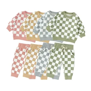 Hot Sale In-Stock Plaid Print Long Sleeve Organic Baby Clothing Set Supplier