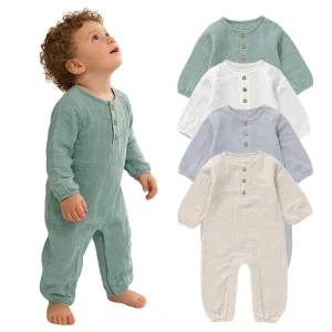 100% Organic Cotton Muslin Baby Romper Long Sleeve Snap Crotch Infant Jumpsuit with Natural Coconut Buttons