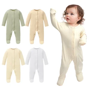 Solid Color Organic Cotton Casual Comfort Long Sleeve Newborn Toddler Baby Romper