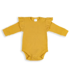 Elastic Ruffles Long Sleeve Knitted Organic Cotton Baby Girls Ribbed Bodysuit