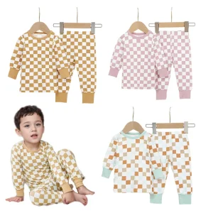 Wholesale Long Sleeve Solid and Checkered Print Baby Clothing Set 2pcs Viscose Bamboo Baby Pajamas Set