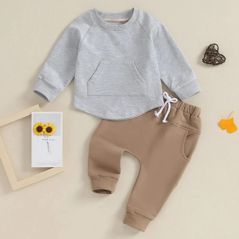 Toddler Baby Boy Girl 2Pcs Long Sleeve Solid Color Top Elastic Pants Set Outfit Tracksuit - Image 3