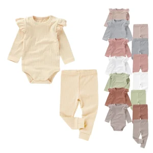 Newborn Baby Girls Solid Color Rib Knit Cotton Long Sleeve Jumpsuit Trousers Autumn Winter Baby Clothing Sets