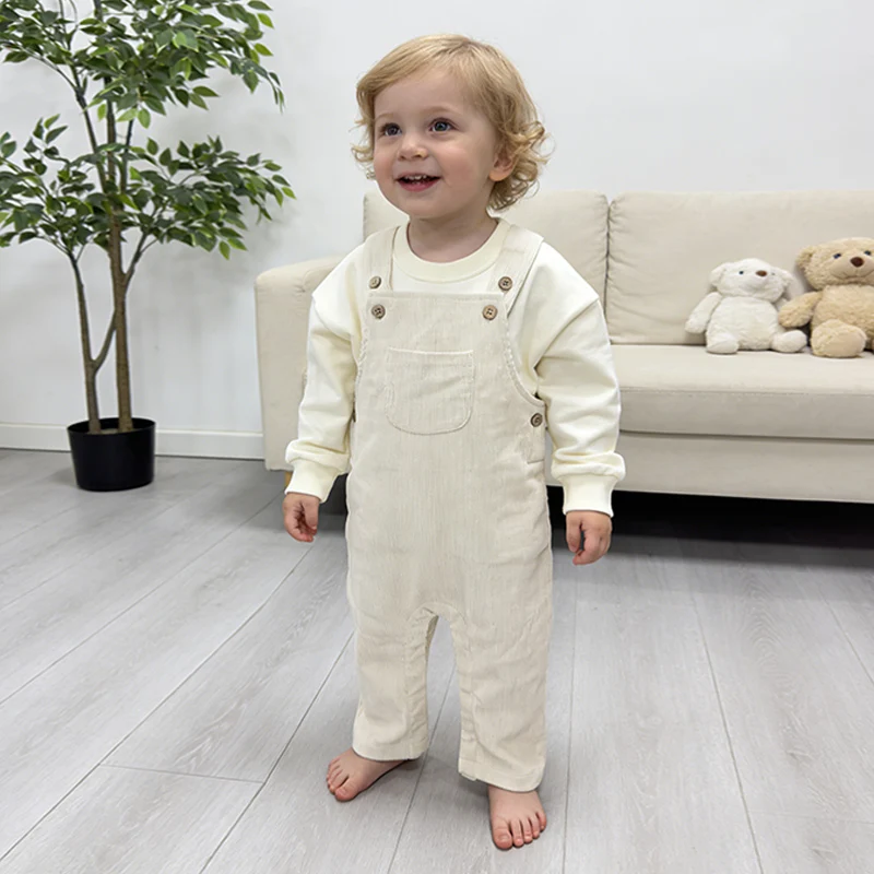 Soft Customizable Outfits Solid Color Organic Cotton Corduroy Suspender Pants for Infants Baby - Image 2