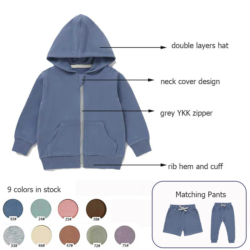 Wholesale Spring Autumn Solid Long Sleeve Organic Cotton Spandex French Terry Zipper Baby Hoodies - Image 2
