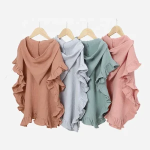 Wholesale Frill Hem Organic Cotton Muslin Hooded Baby Bath Robe, Baby Bath Robe
